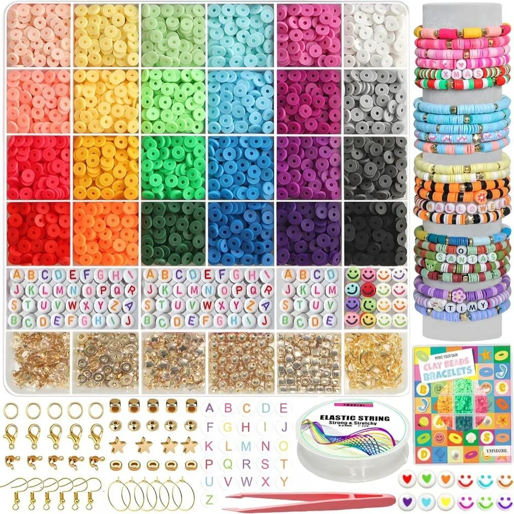 Clay Beads Bracelet Making Kit 6000+PCS 24 Color Flat Jewelry Crafts Friendship